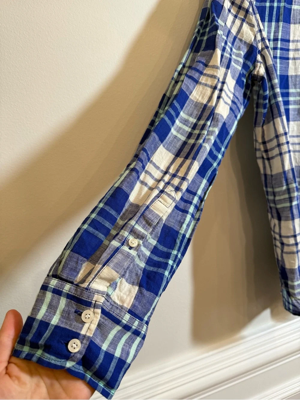 Blue Cream Plaid Cotton Popover Shirt Partial Button Placket Preppy Coastal Sz S